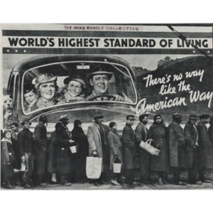 Picture of Black people waiting in a line in front of advertisement with a happy White family driving in a car